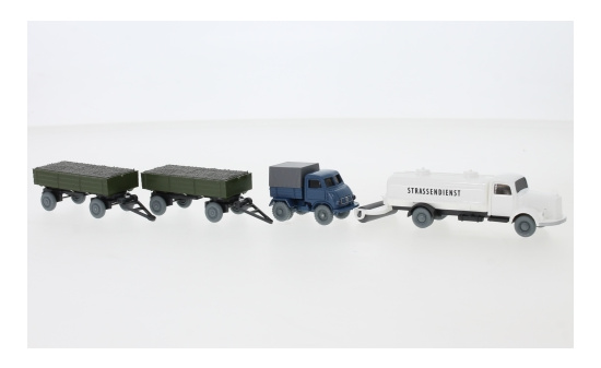 Wiking 238983 Set Wiking-Verkehrs-Modelle 85, MB L 3500 Sprengwagen und Unimog U 402 mit zwei Anhängern 1:87