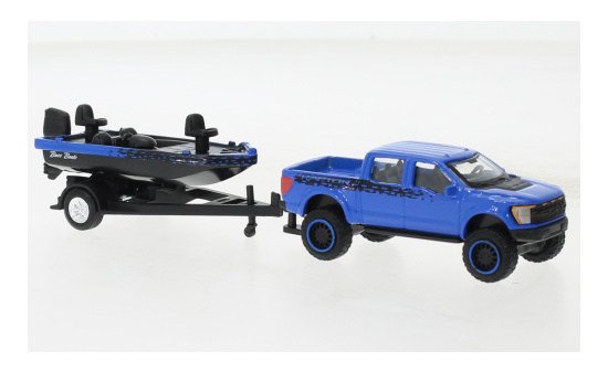 Maisto 15368-21845 Ford F-150 SVT Raptor, blau/schwarz, mit Anhänger und Motorboot, 2021 1:64