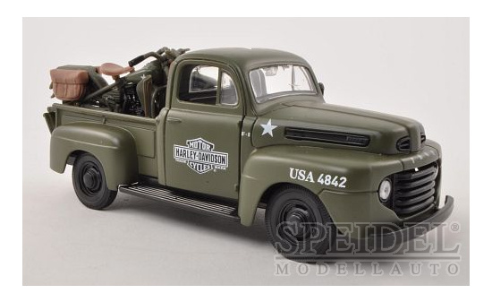 Maisto 532185 Ford + Harley Davidson 2er-Set: F-1 Pick Up + WLA Flathead, oliv,  Harley-Davidson  1:24
