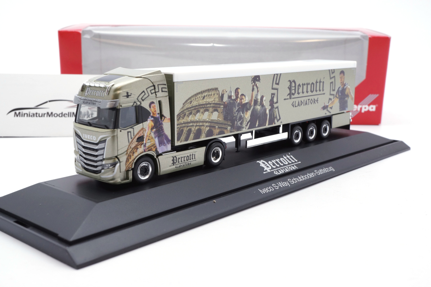 Herpa 122139 Iveco S-Way Schubboden-Sattelzug Perrotti / Gladiatore 1:87