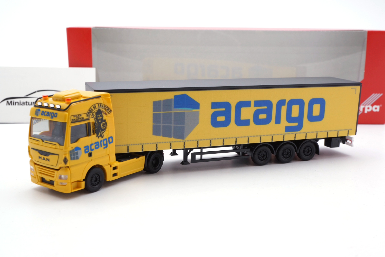 Herpa 313094 MAN TGX XXL Gardinenplanen-Sattelzug Acargo / Sons of Anarchy (Hamburg) 1:87