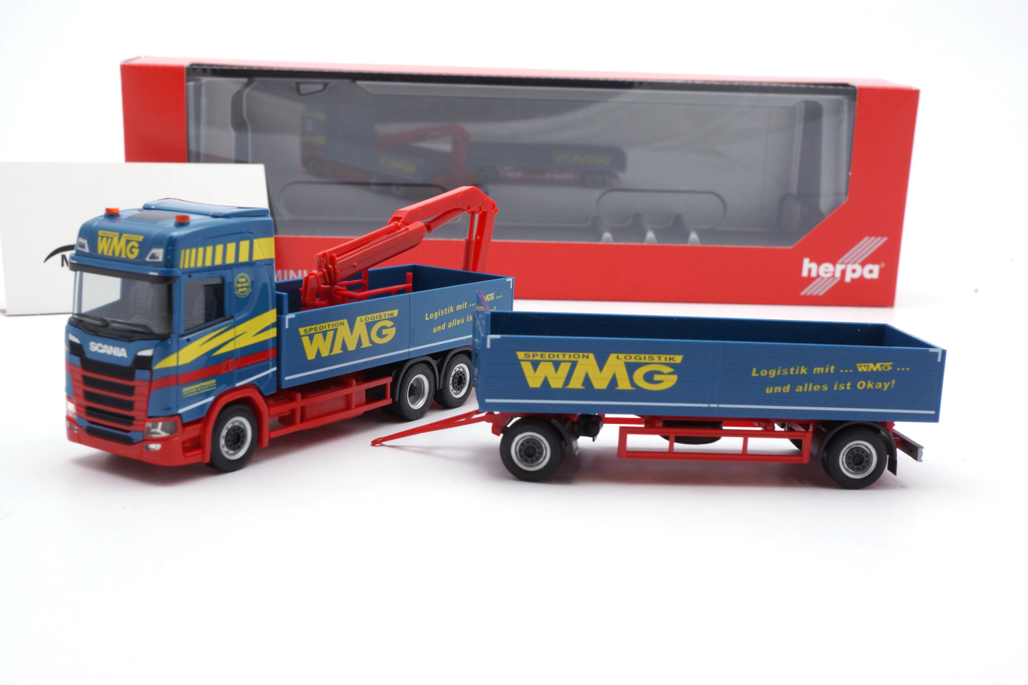 Herpa 313285 Scania CS 20 Pritschen-Hängerzug mit Ladekran Matthiessen (Mecklenburg-Vorpommern/Schwerin) 1:87