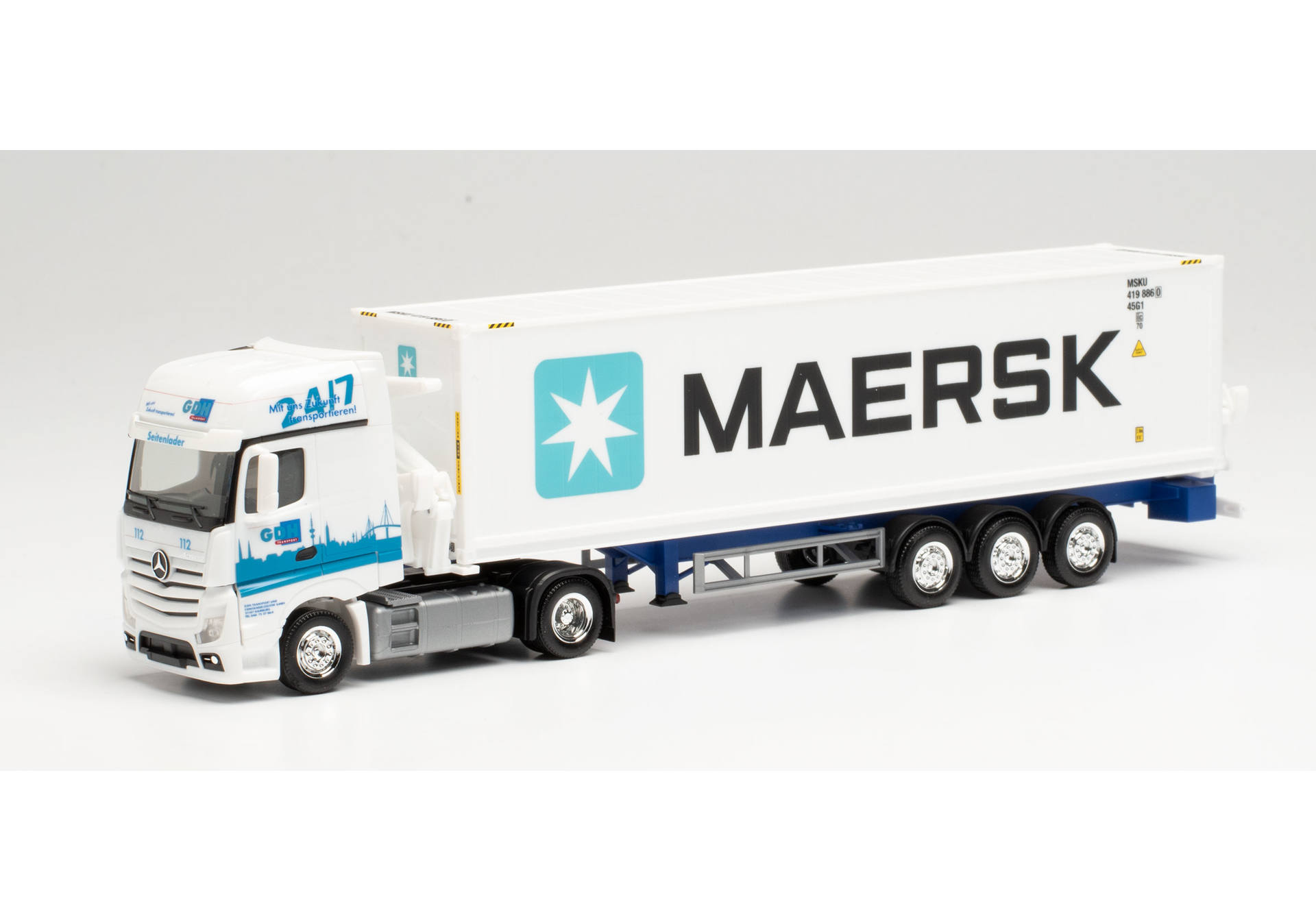 Herpa 313384 Mercedes-Benz Actros Gigaspace Seitenlader-Sattelzug GDH / Maersk (Hamburg) 1:87