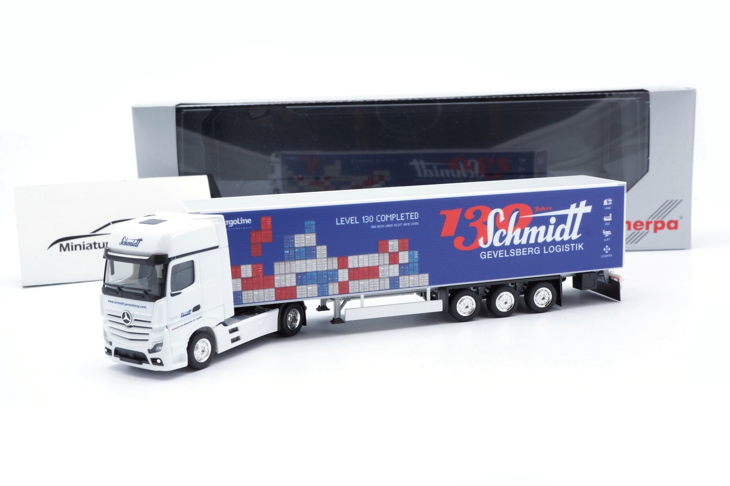 Herpa 959728 Mercedes Benz Actros Koffer-Sattelzug 130 Jahre Schmidt 1:87