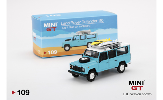 Mini GT MGT00109-L Land Rover Defender 110  Light Blue + Surfboard (LHD) 1:64