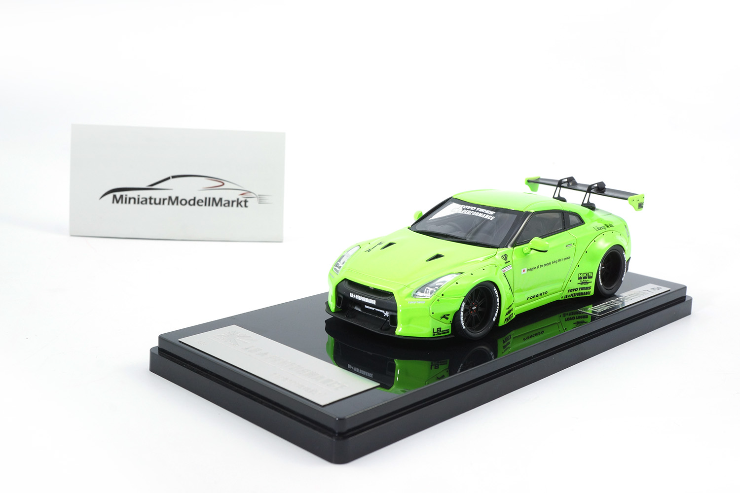 One Model 17B03-63 Liberty Walk Nissan GT-R (R35) - Flurescent Green - GT-Wing 1:43