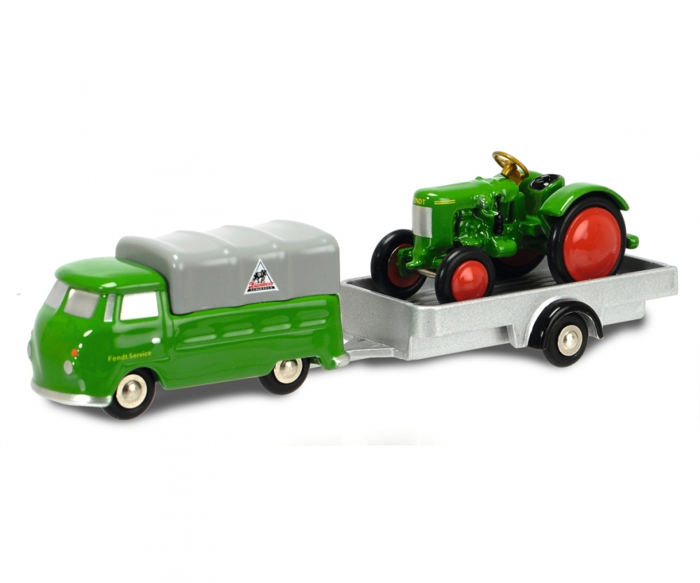 Schuco 450563400 Pic.VW T1 m.Anhänger u.Traktor 1:90