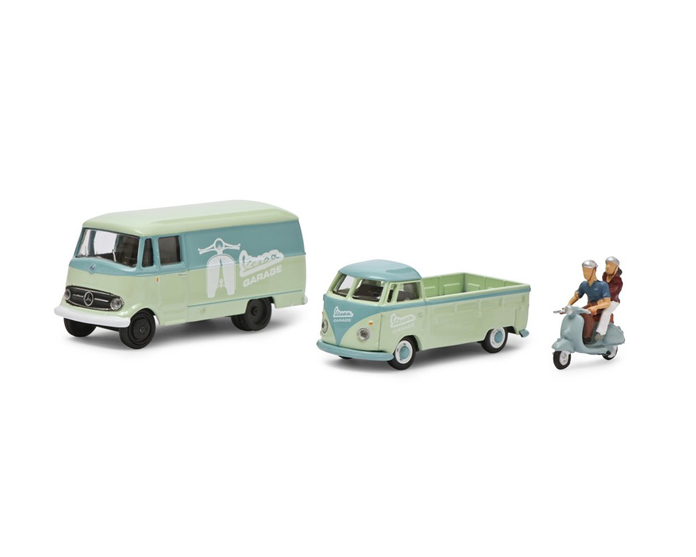 Schuco 452671700 Vespa Set - VW T1 Pritsche - MB L319 - Vespa (MHI) 1:87