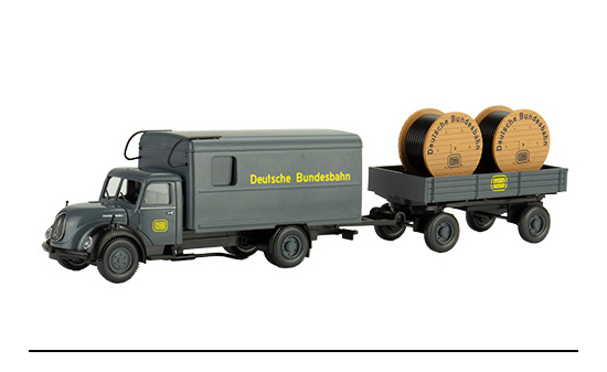 Wiking / PMS 251262 Set Edition Deutsche Bundesbahn Nr. 2, Deutsche Bundesbahn , Magirus Mercur Koffer mit Anhänger und Kabeltrommeln 1:87