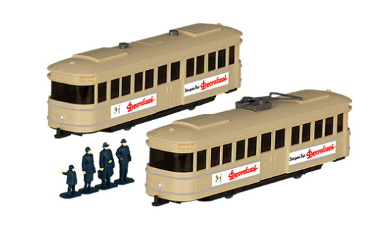 Wiking / PMS 238982 Set Wiking-Verkehrs-Modelle 84, Straßenbahn mit Anhänger und Figuren 1:87