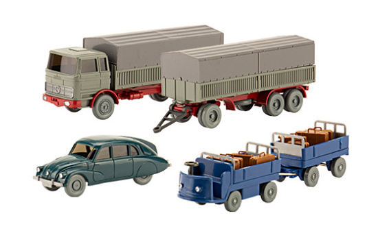 Wiking / PMS 243851 Set Wiking-Verkehrs-Modelle 95, Elektrokarre mit Anhänger, 2x Koffer-Set, MB 1620 Stahlpritschen-Hängerzug und Tatra 87 1:87