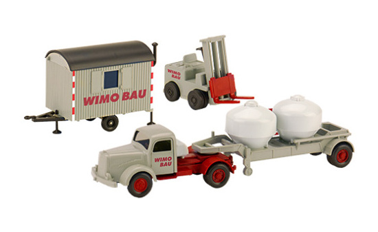 Wiking / PMS 246557 Set WiMo-Bau: Ausgabe 1, MB L 5000 S Zement-Sattelzug, Gabelstapler und Bauwagen 1:87