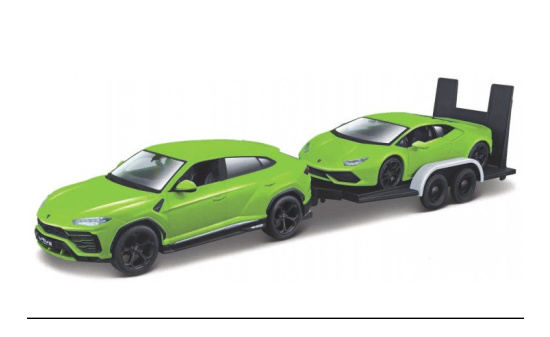 Maisto 32753GREEN Lamborghini 2er-Set, hellgrün, Urus und Huracan mit Transportanhänger 1:24