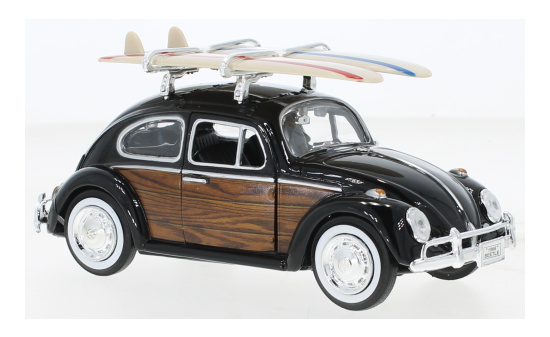 Motormax 79591 VW Beetle (Käfer), schwarz/Holzoptik, mit Surfboards auf Dachgepäckträger, 1966 1:24