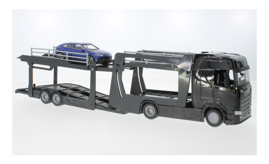 Bburago 18-31465 Scania S730 Highline, schwarz, Autotransporter mit Lamborghini Urus 1:43