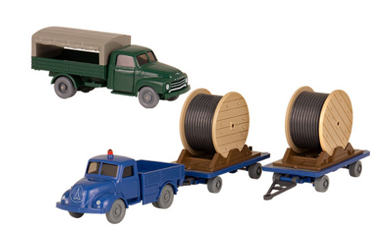Wiking 235065 Set Wiking-Verkehrs-Modelle 80, Opel Blitz Pritschen-LKW und Magirus 3500 mit 2x Schwergut-Anhänger und Ladegut 1:87