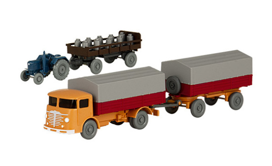 Wiking 238981 Set Wiking-Verkehrs-Modelle 83, Büssing 4500 PrLZ, Lanz D 2016 und Landwirtschaftlicher Anhänger 1:87