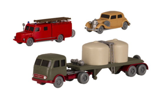 Wiking 241263 Set Wiking-Verkehrs-Modelle 87, Magirus LF 16 Feuerwehr, MB 260 D und MB LPS 333 Chemikaliensattelzug 1:87