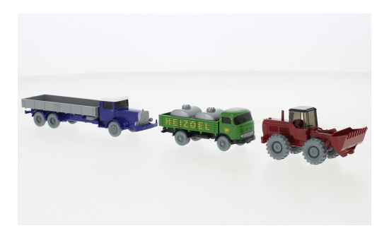 Wiking 241264 Set Wiking-Verkehrs-Modelle 88, MB L 1000 Pritschen-LKW, MB Pullman Behelfstankwagen und Hanomag Radlader 1:87