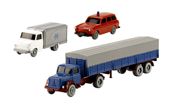 Wiking 243847 Set Wiking-Verkehrs-Modelle 91, Opel Blitz Tiefkühlwagen, Magirus Saturn Pritschensattelzug und VW 1600 Variant Feuerwehr 1:87