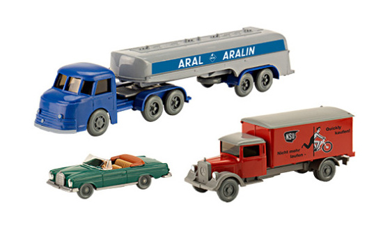 Wiking 248021 Set Wiking-Verkehrs-Modelle 96, Henschel HS 190 S Bimot Tanksattelzug, MB 280 SE Cabriolet und L 2500 Koffer-LKW 1:87