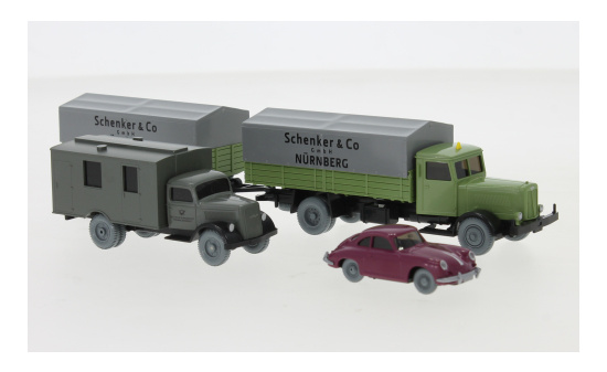 Wiking 248022 Set Wiking-Verkehrs-Modelle 97, Hanomag HD5N Pritschenlastzug, Opel Blitz - Fernmeldedienst und Porsche 356 1:87