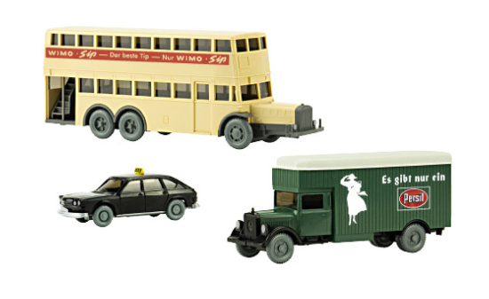 Wiking 251107 Set Wiking-Verkehrs-Modelle 99, Berliner Doppeldeckerbus D38, MB L 2500 Koffer-LKW und VW 411 Taxi 1:87