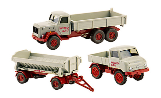 Wiking 246558 Set WiMo-Bau Nr.2, Magirus Eckhauber Pritschenkipper, Mulden-Kippanhänger und MB Unimog 411 1:87