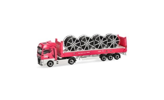 Herpa 960335 MAN eTGX GX 40ft Flatrackcontainer-Sattelzug mit Kabeltrommeln 
