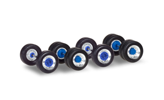 Herpa 053907 Radsätze für Zugmaschinen mit Breitreifen, chrom/blau
Inhalt: 5 Stück 1:87