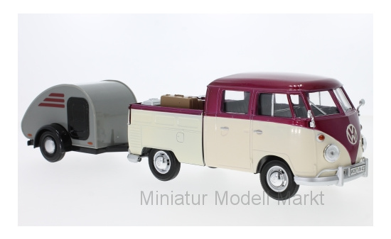 Motormax 79673REDBEIGE VW T1 Doppelkabine, metallic-dunkelrot/beige, mit Surfboard und Teardrop-Anhänger 1:24