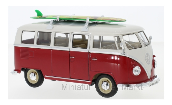 Welly 22095SBRED VW T1 Bus , rot/weiss, mit Dachgepäckträger und Surfboard, 1963 1:24