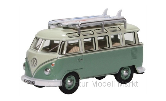 Oxford 76VWS005 VW T1 Samba, hellgrün/grün, mit Dachgepäckträger und Surfboards 1:76