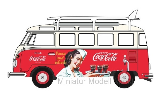 Oxford 76VWS008CC VW T1 Samba Bus, Coca-Cola, mit Surfboards auf Dachgepäckträger 1:76