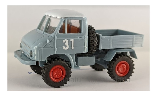 Brekina 93997 Mercedes Unimog 411 Pritsche, blaugraue Spedition, Wagennummer 31 1:87