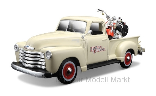 Maisto 32194 Chevrolet 3100 Pick Up, hellbeige, Harley Davidson, (Maßstab 1:25) + 2001 Harley Davidson FLSTS HER Springer (Maßstab 1:24), 1950 1:24