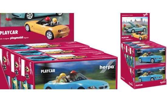 Herpa 431040 BMW Z4 Herpa Playcar THEKENDISPLAY zum Einführungspreis - bestehend aus 3 Stück 431026 (gelb) und 3 Stück 431033 (türkis) - Vorbestellung 1:18