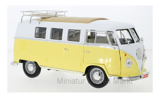 Lucky Die Cast 92328YELLOW VW T1 Kombi, gelb/weiss, mit Dachgepäckträger und Zubehör, 1962 1:18