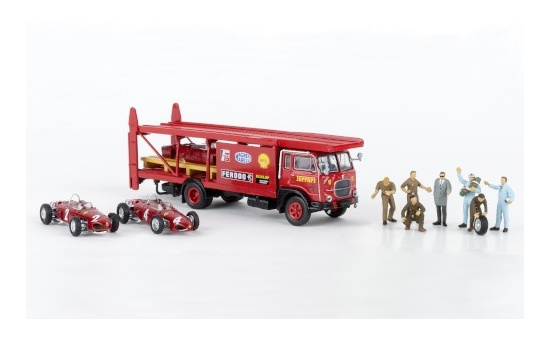 Brekina 58475 Fiat 642 Renntransporter-Set, Ferrari, mit 2 x F 156, Ersatzkarosse und 7 exkl. Figuren, 1962 1:87