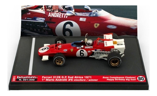 Brumm S2011 Ferrari 312B, No.6, Scuderia Ferrari, Formel 1, GP Südafrika, mit Fahrerfigur in Sonderverpackung, M.Andretti, 1971 1:43