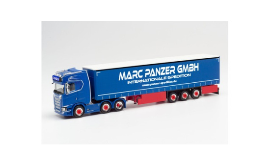 Herpa 313247 Scania CS 20 HD 6x2 Gardinenplanen-Sattelzug Marc Panzer Transporte