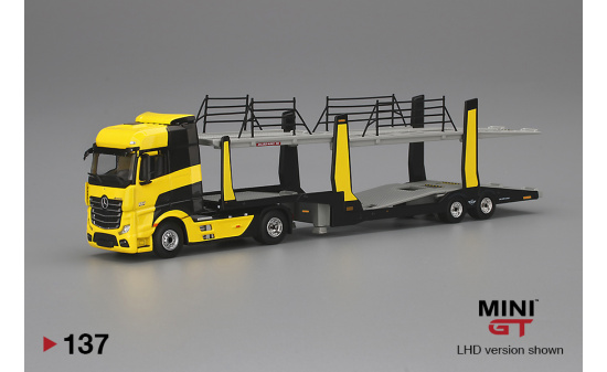 Mini GT MGT00137-L Mercedes-Benz Actros  Yellow w/Car Carrier (LHD) 1:64
