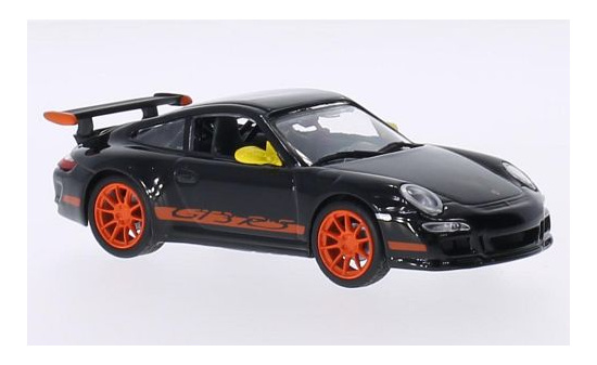 Lucky Die Cast 43204BLACK Porsche 911 (997) GT3 RS, schwarz, Spiegel in gelb, Felgen und Dekor in orange 1:43