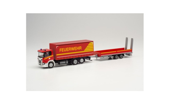 Herpa 313926 Scania CG 17 Gardinenplanen-LKW mit Tieflade-Anhänger mit Rampen Feuerwehr 1:87