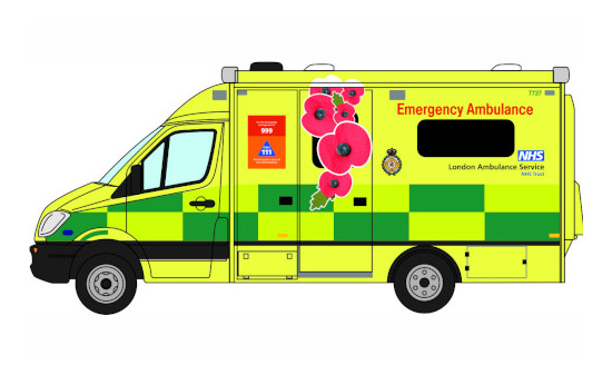 Oxford 76MA007 Mercedes Sprinter Ambulance, RHD, London Ambulance Service, Remembrance Day 1:76