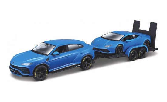Maisto 32753 Lamborghini 2er-Set, blau, Urus und Huracan mit Transportanhänger 1:24