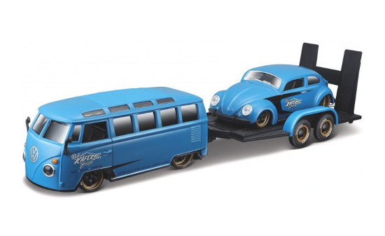 Maisto 32752 VW 2er-Set: Kool Käfers Garage, blau/Dekor, T1 Samba Tuning, Käfer Tuning und Transportanhänger 1:24