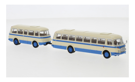 Brekina 58265 JZS Jelcz 043 Bus mit P-01 Anhänger, hellbeige/blau, 1964 1:87