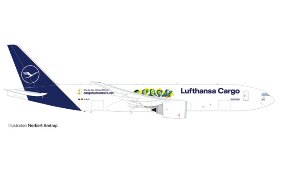 Herpa 535755 Lufthansa Cargo Boeing 777F Cargo Human Care D-ALFI Buenos Días México 1:500