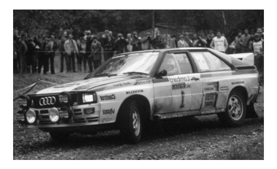 IXO 24RAL010A Audi quattro A1, No.1, Rallye WM, RAC Rally, verschmutzt, H.Mikkola/A.Hertz, 1982 1:24